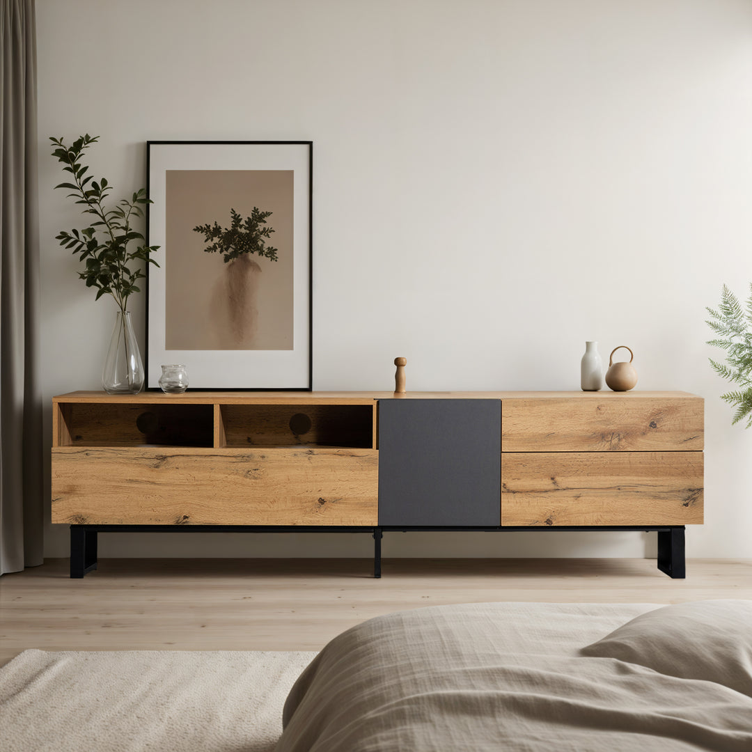 Modern wood anthracite industrial TV cabinet with 2 doors and 2 drawers SCILQUKS UK