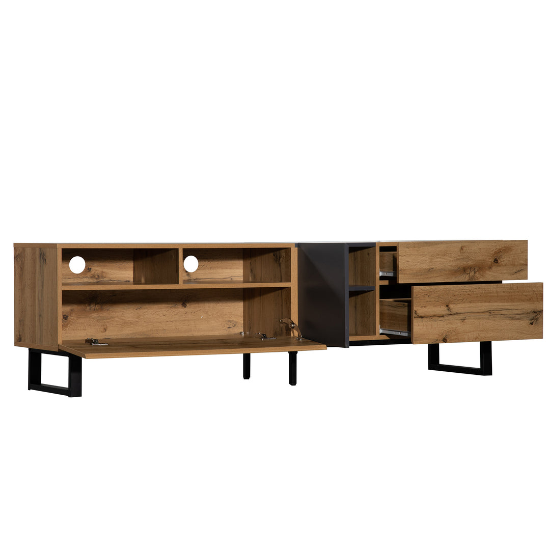 Modern wood anthracite industrial TV cabinet with 2 doors and 2 drawers SCILQUKS UK