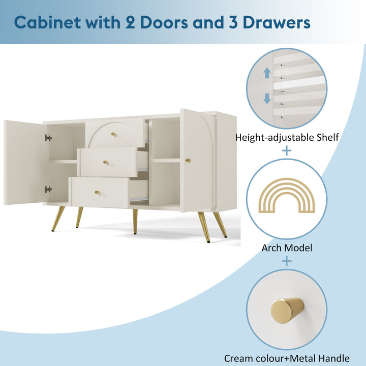 Cream ivory sideboard with gold accents with 2 doors and 3 drawers 40Dx140Wx84Hcm SENPHOS UK