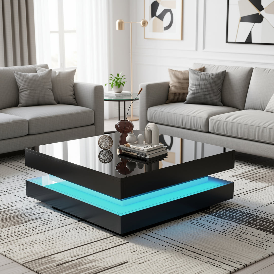 Black high gloss square coffee table with 360° rotating top LED lighting KERATINSCALE