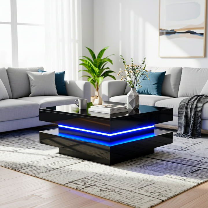 Black high gloss square coffee table with 360° rotating top LED lighting KERATINSCALE
