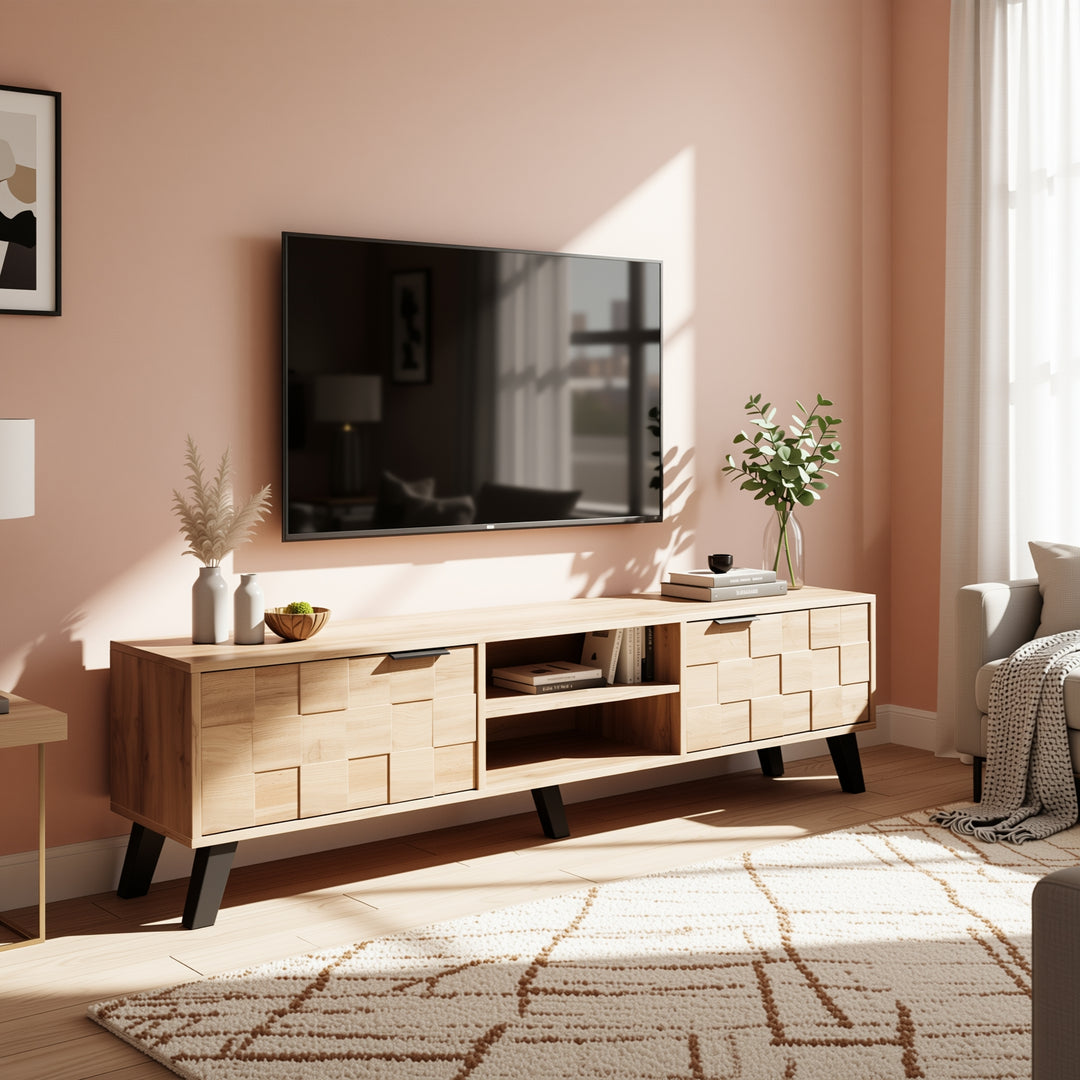 Vintage wood look TV stand with 2 doors and open shelves DECOMPOS