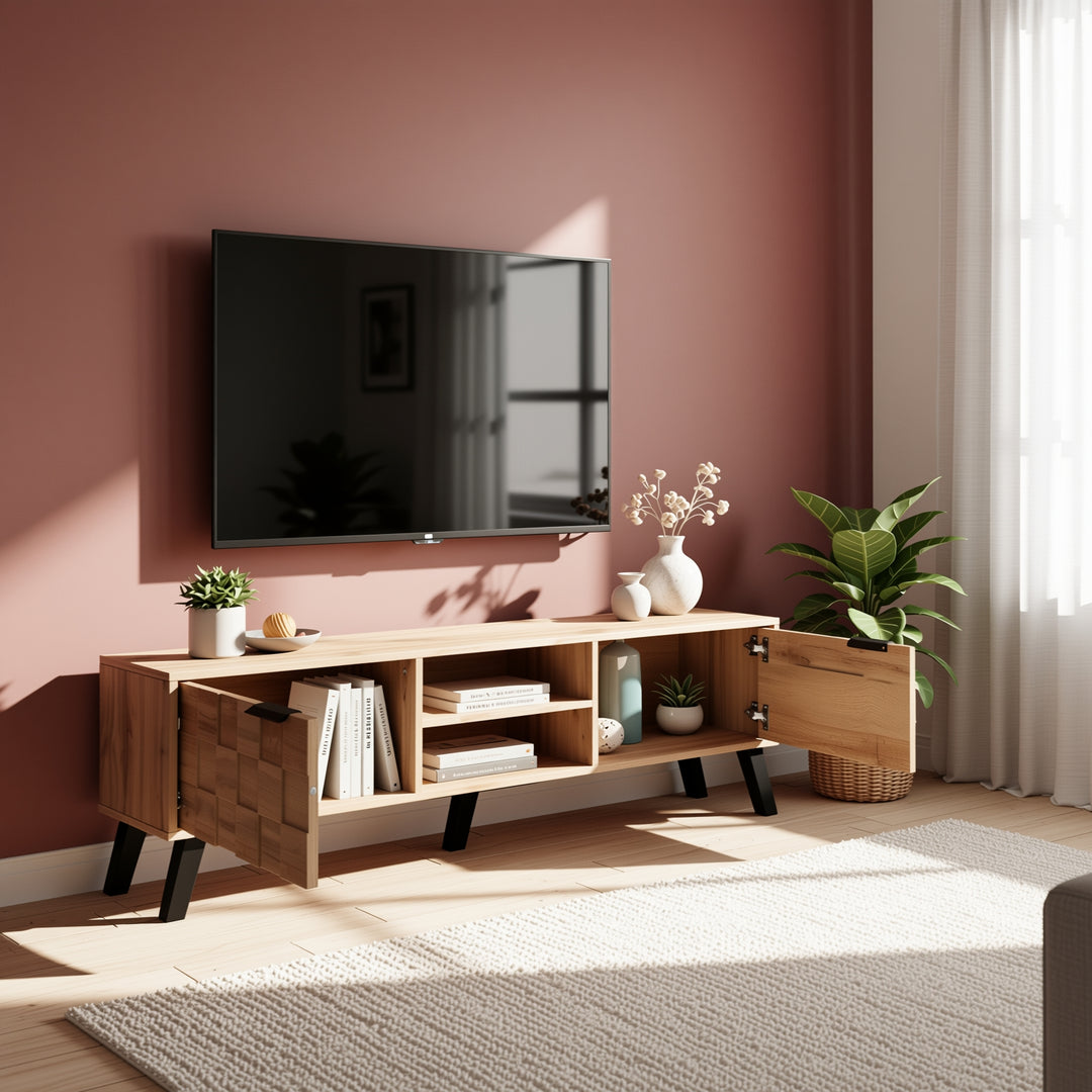 Vintage wood look TV stand with 2 doors and open shelves DECOMPOS