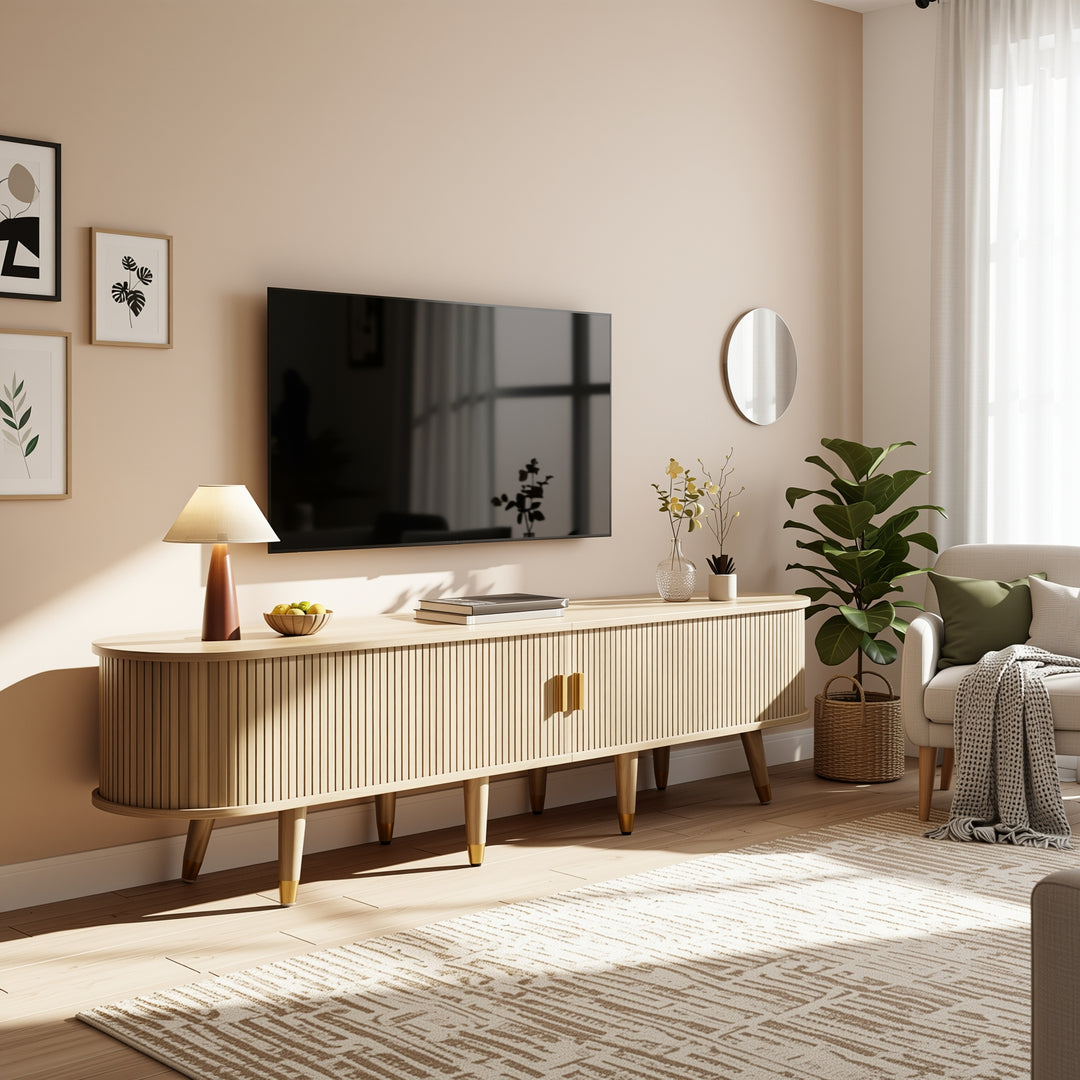 Light oak textured TV stand with 2 sliding doors and 2 drawers NANOFIB