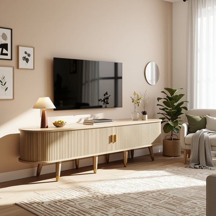Light oak textured TV stand with 2 sliding doors and 2 drawers NANOFIB