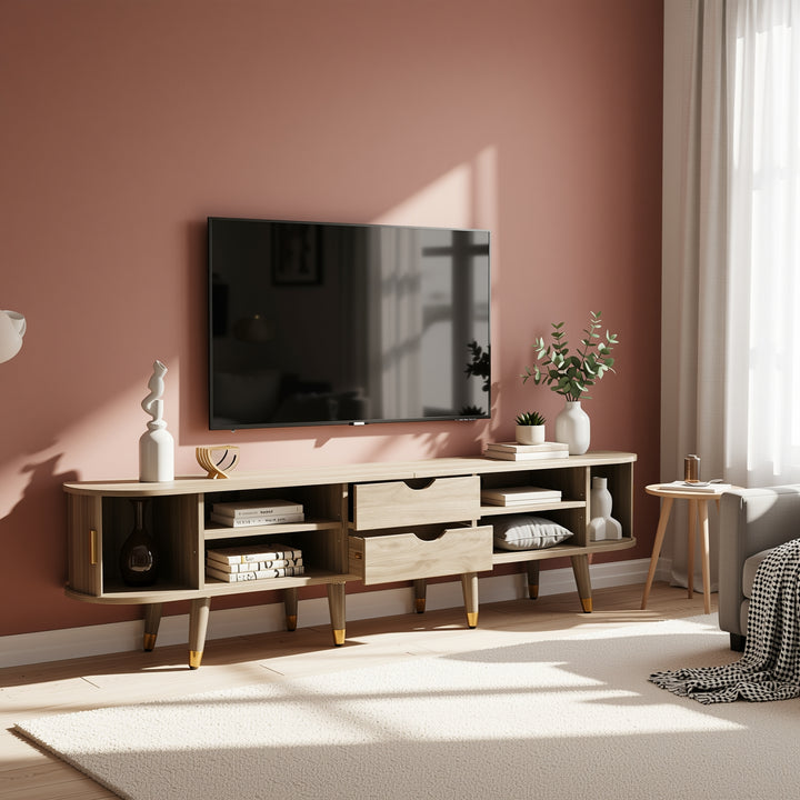 Light oak textured TV stand with 2 sliding doors and 2 drawers NANOFIB