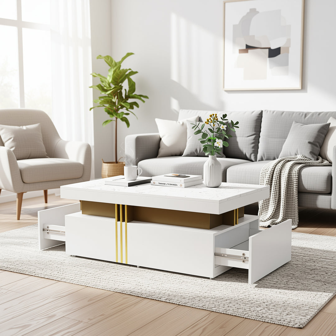 White marble look coffee table with gold accents and 2 drawers CREPUSCRAY