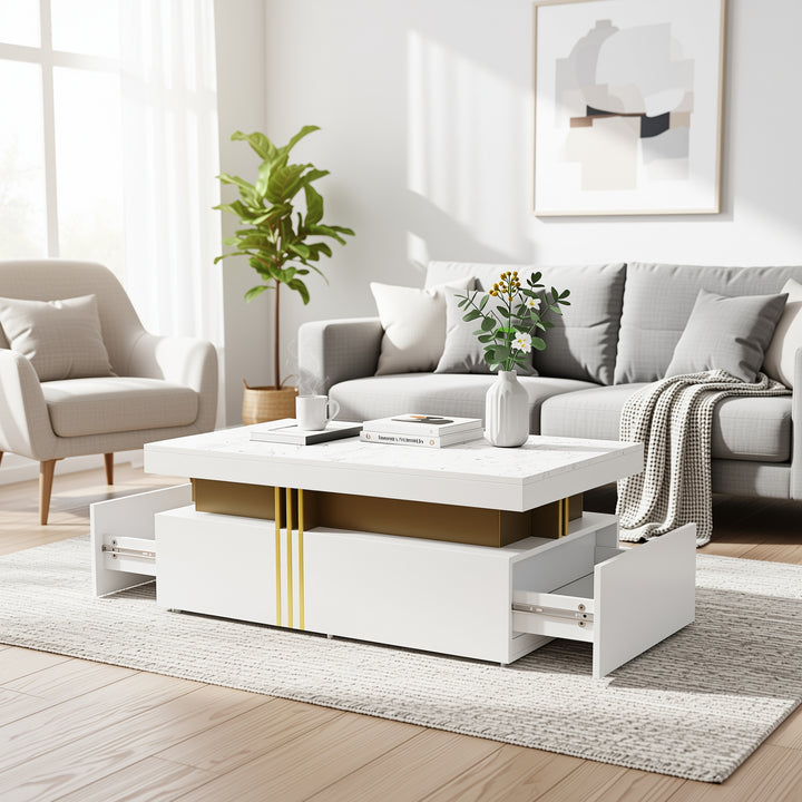 White marble look coffee table with gold accents and 2 drawers CREPUSCRAY