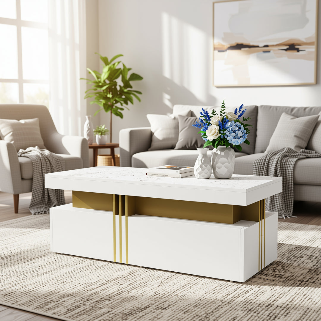 White marble look coffee table with gold accents and 2 drawers CREPUSCRAY