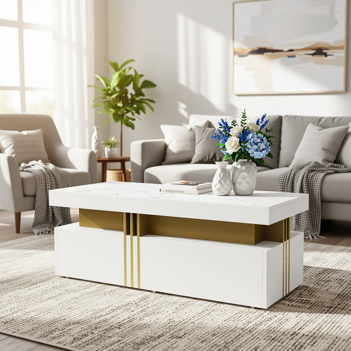 White marble look coffee table with gold accents and 2 drawers CREPUSCRAY