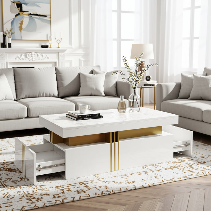 White marble look coffee table with gold accents and 2 drawers CREPUSCRAY