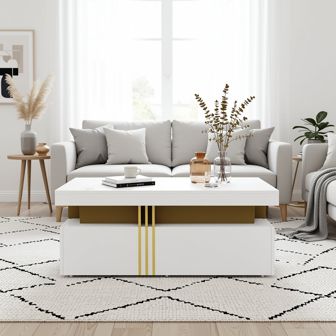 White marble look coffee table with gold accents and 2 drawers CREPUSCRAY