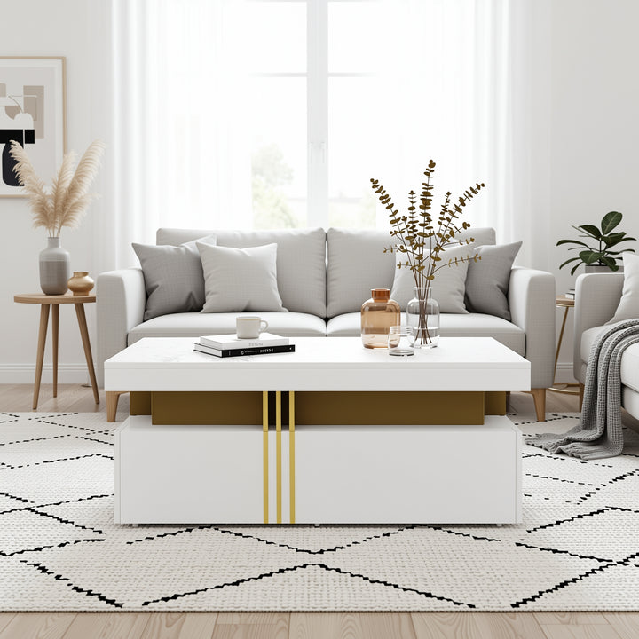 White marble look coffee table with gold accents and 2 drawers CREPUSCRAY