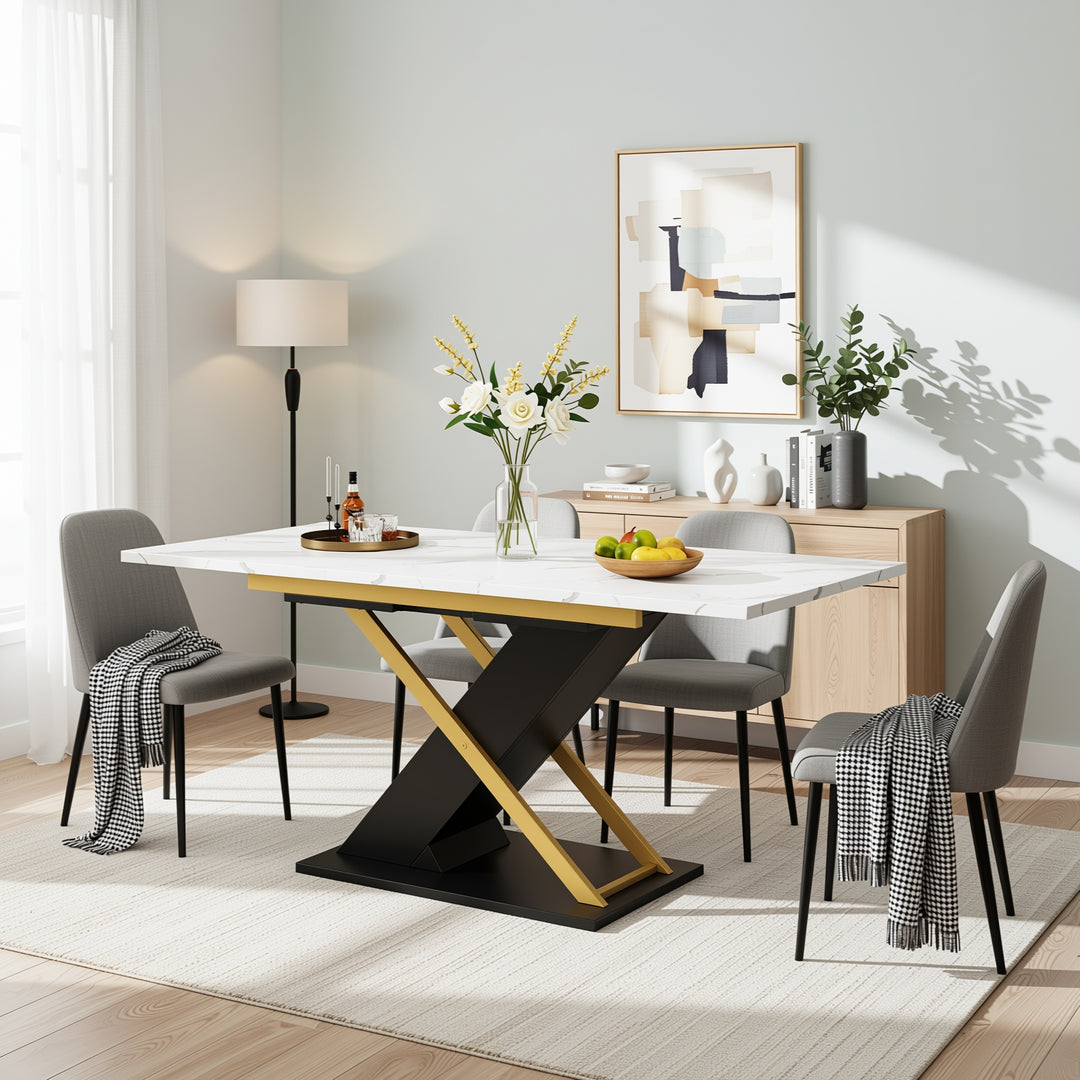 Extendable dining table 120–160 × 80 cm with marble-look top and golden cross legs COPPICEKNOLL