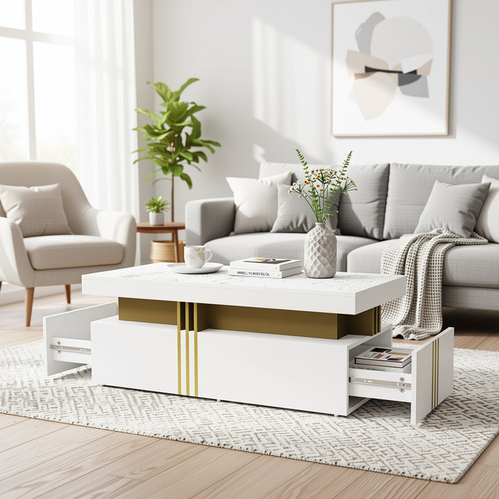 White marble look coffee table with gold accents and 2 drawers CREPUSCRAY