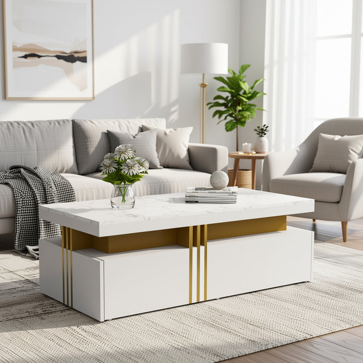White marble look coffee table with gold accents and 2 drawers CREPUSCRAY