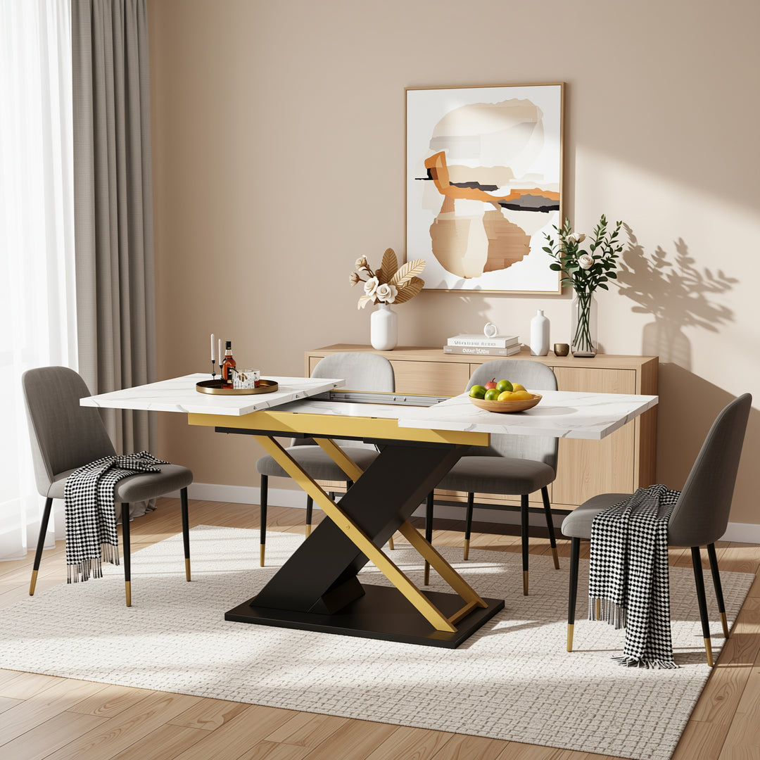 Extendable dining table 120–160 × 80 cm with marble-look top and golden cross legs COPPICEKNOLL