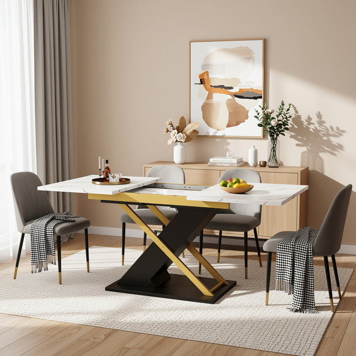 Extendable dining table 120–160 × 80 cm with marble-look top and golden cross legs COPPICEKNOLL