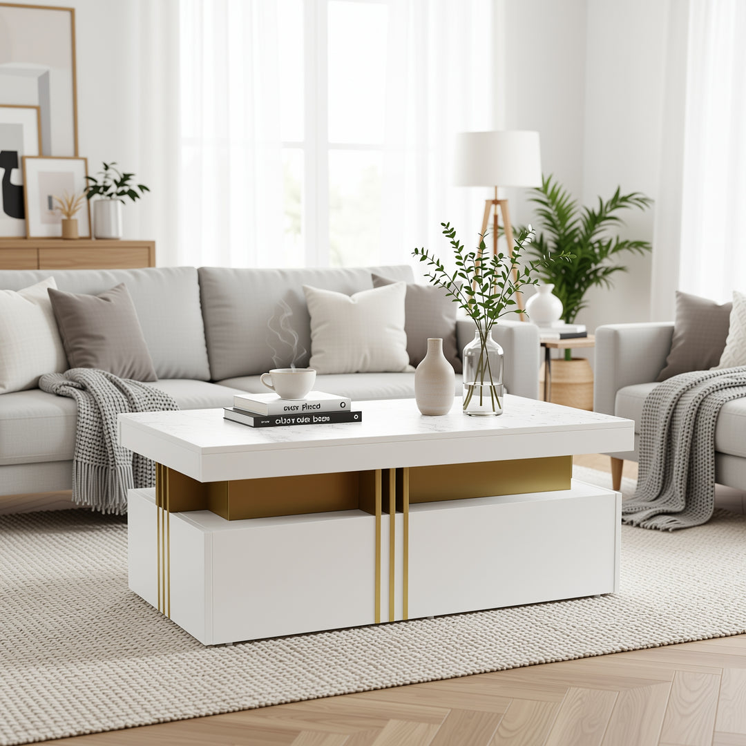 White marble look coffee table with gold accents and 2 drawers CREPUSCRAY