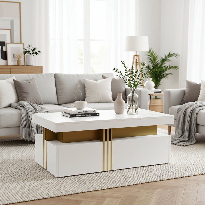 White marble look coffee table with gold accents and 2 drawers CREPUSCRAY