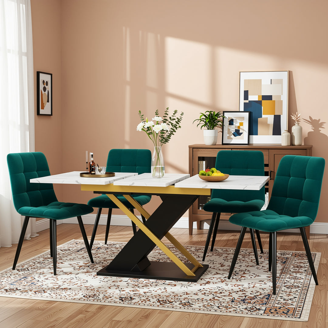 Extendable dining table 120–160 × 80 cm with marble-look top and golden cross legs COPPICEKNOLL