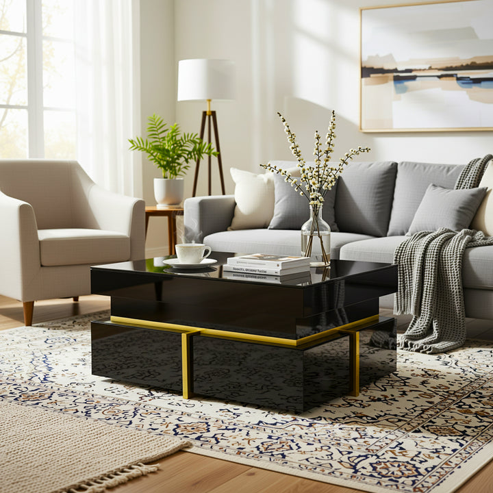 High-gloss square black coffee table with golden accents ENGINEERI