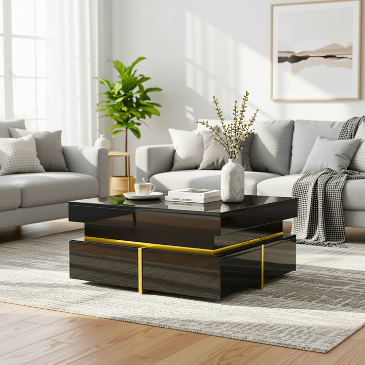 High-gloss square black coffee table with golden accents ENGINEERI