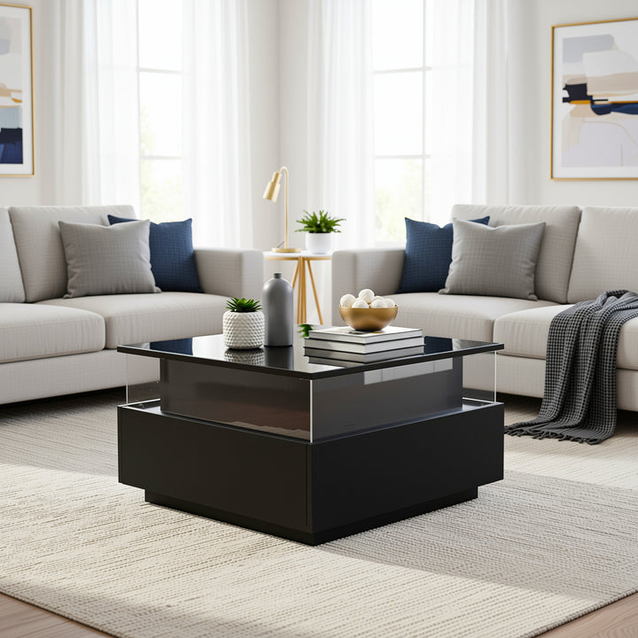 Modern LED light high gloss black square coffee table with 2 drawers THERAPY