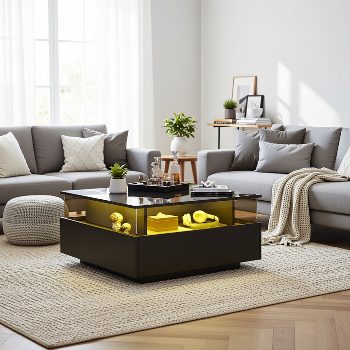 Modern LED light high gloss black square coffee table with 2 drawers THERAPY