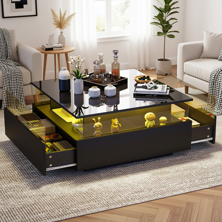 Modern LED light high gloss black square coffee table with 2 drawers THERAPY
