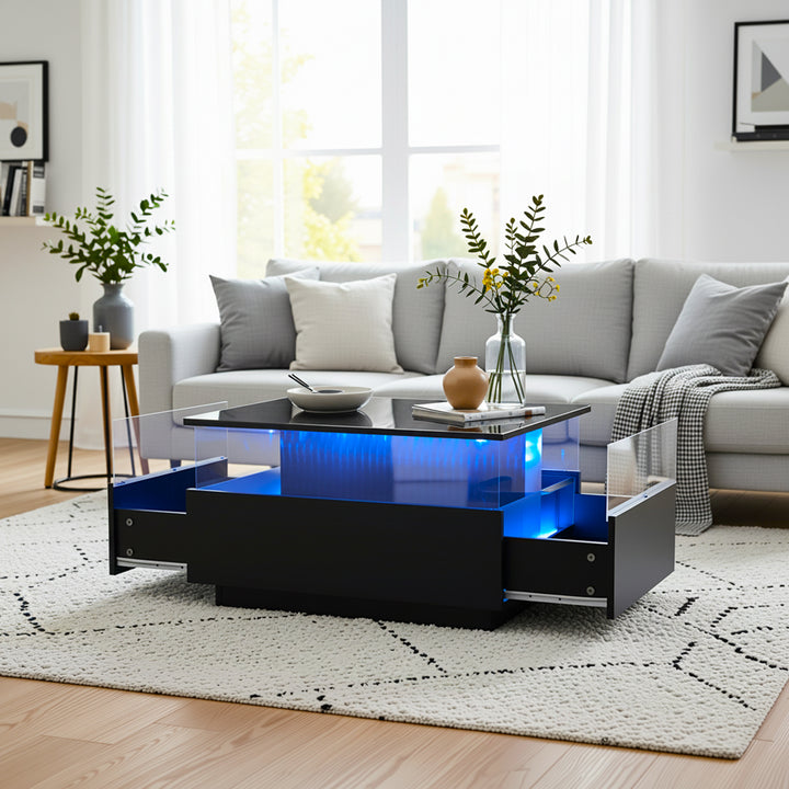Modern LED light high gloss black square coffee table with 2 drawers THERAPY