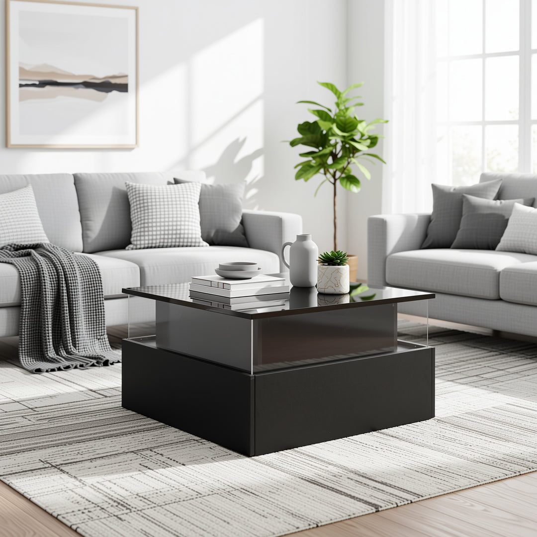 Modern LED light high gloss black square coffee table with 2 drawers THERAPY