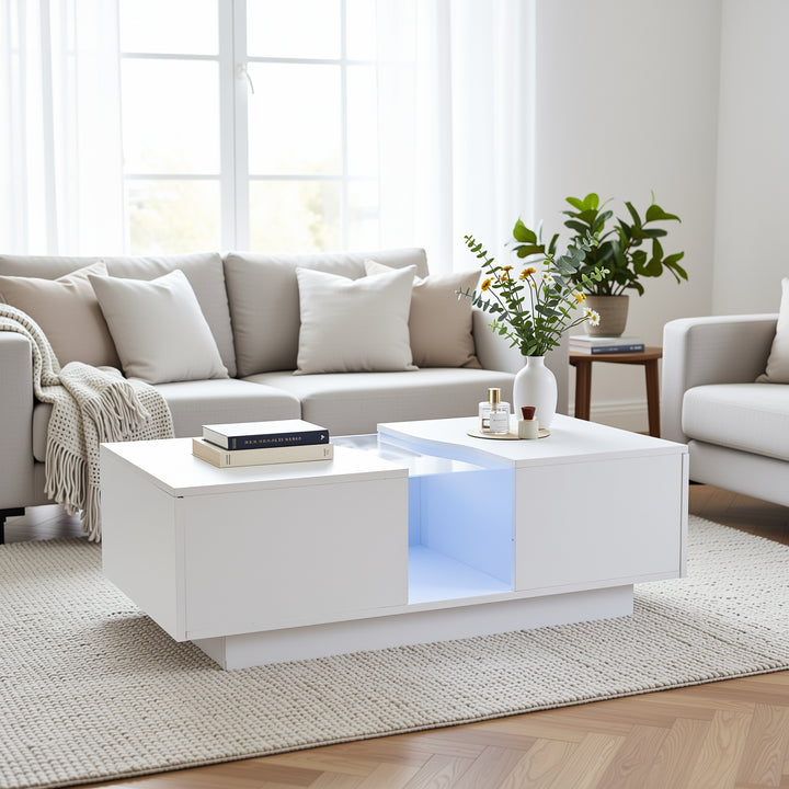 White high gloss lighting LED rectangular coffee table 2 drawers HELICTITE