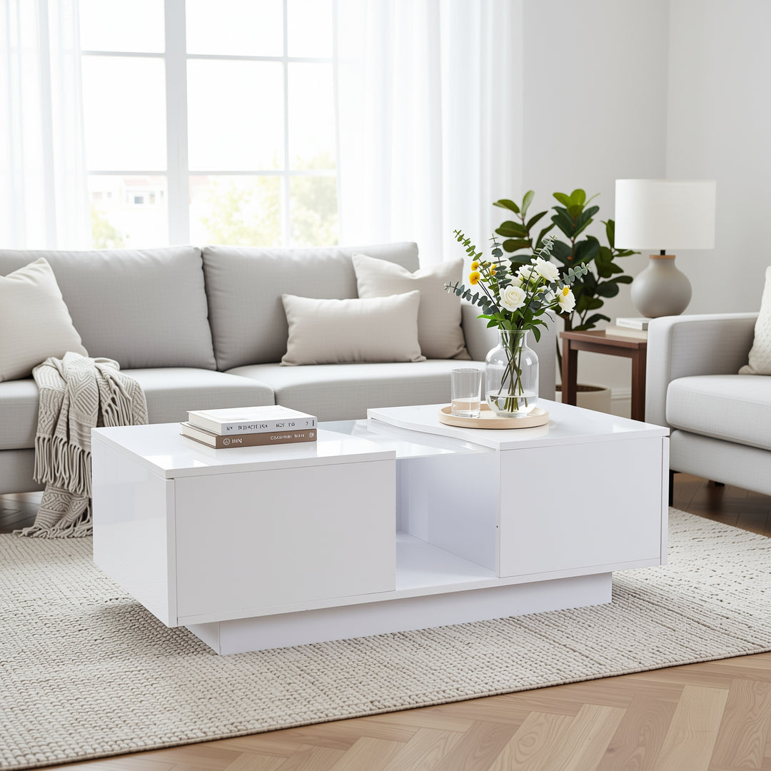 White high gloss lighting LED rectangular coffee table 2 drawers HELICTITE