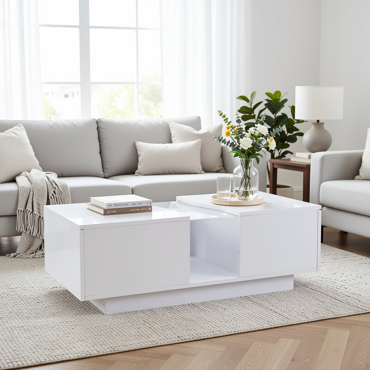 White high gloss lighting LED rectangular coffee table 2 drawers HELICTITE