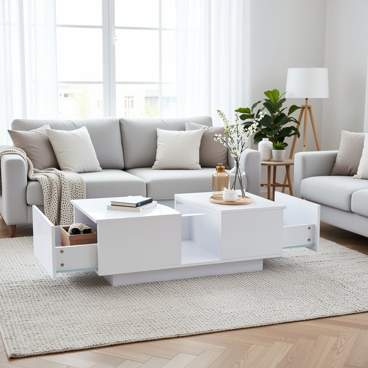 White high gloss lighting LED rectangular coffee table 2 drawers HELICTITE