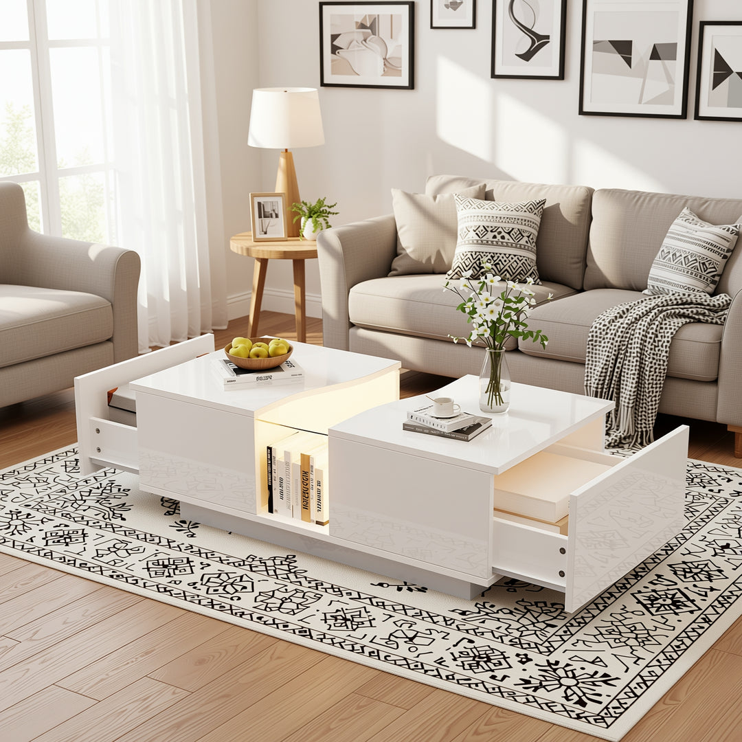 White high gloss lighting LED rectangular coffee table 2 drawers HELICTITE