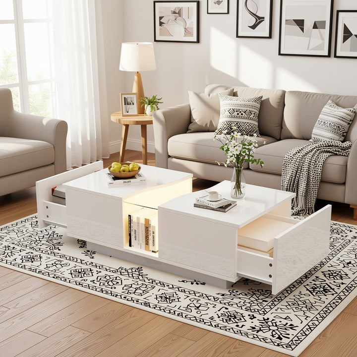 White high gloss lighting LED rectangular coffee table 2 drawers HELICTITE