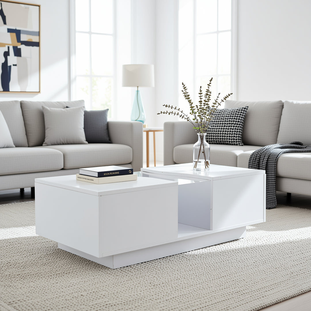White high gloss lighting LED rectangular coffee table 2 drawers HELICTITE