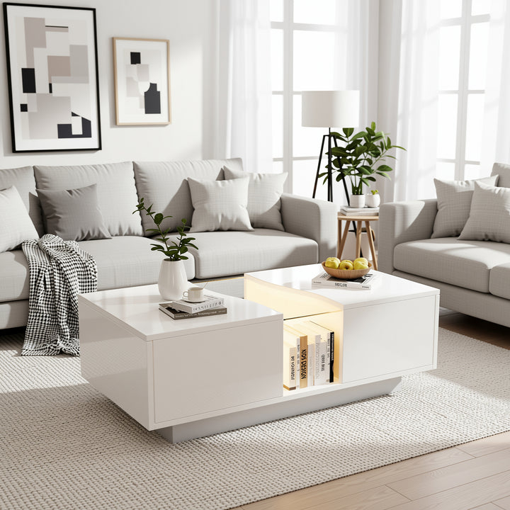 White high gloss lighting LED rectangular coffee table 2 drawers HELICTITE
