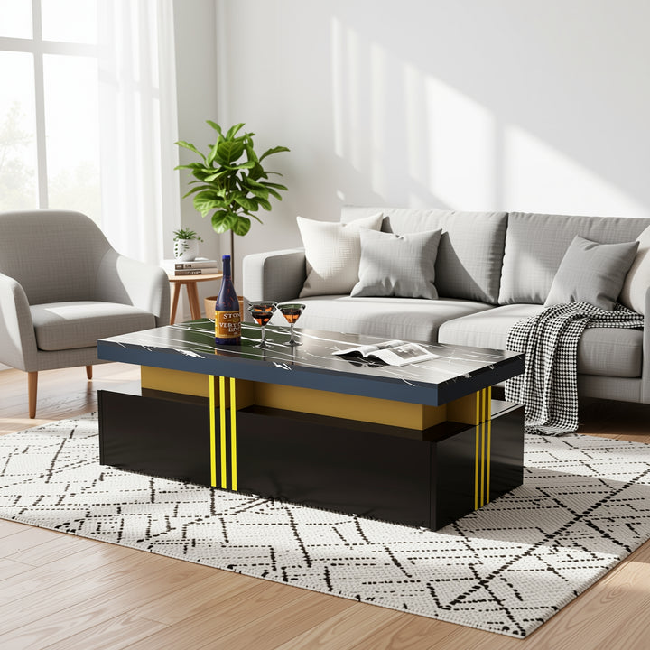 Modern black coffee table with marble-pattern top golden accents LEDGER