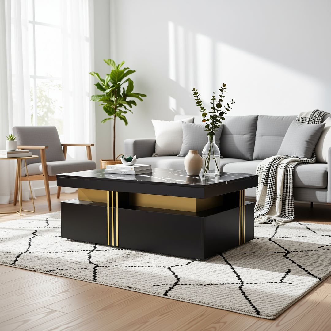 Modern black coffee table with marble-pattern top golden accents LEDGER