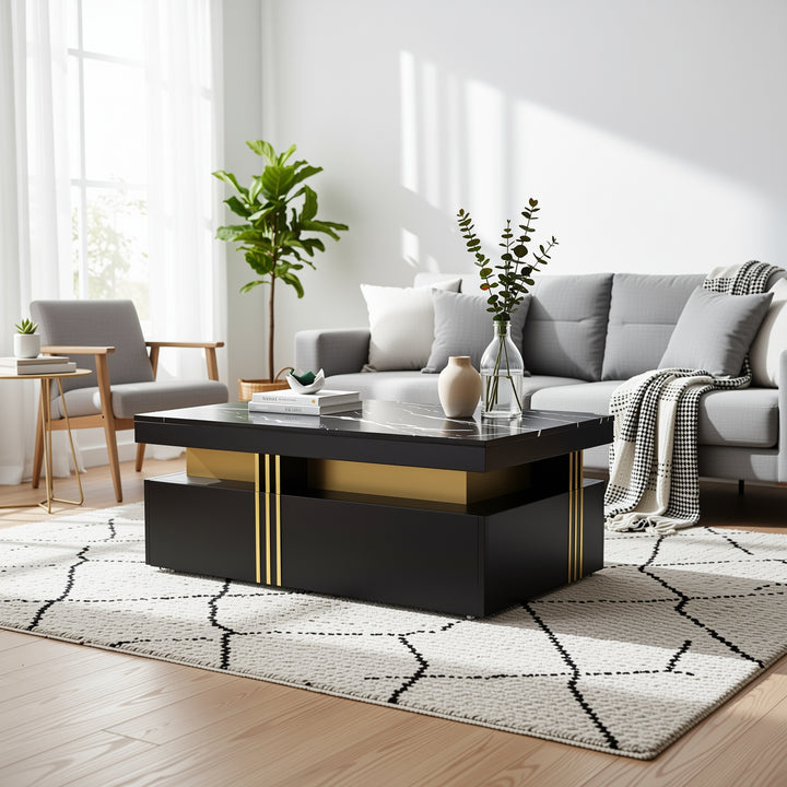Modern black coffee table with marble-pattern top golden accents LEDGER