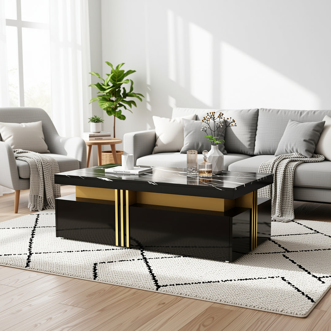 Modern black coffee table with marble-pattern top golden accents LEDGER