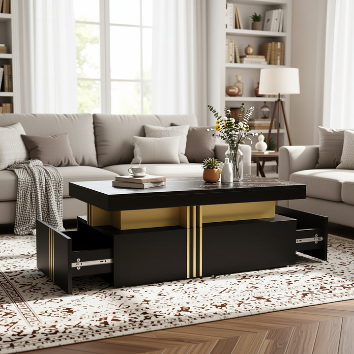Modern black coffee table with marble-pattern top golden accents LEDGER