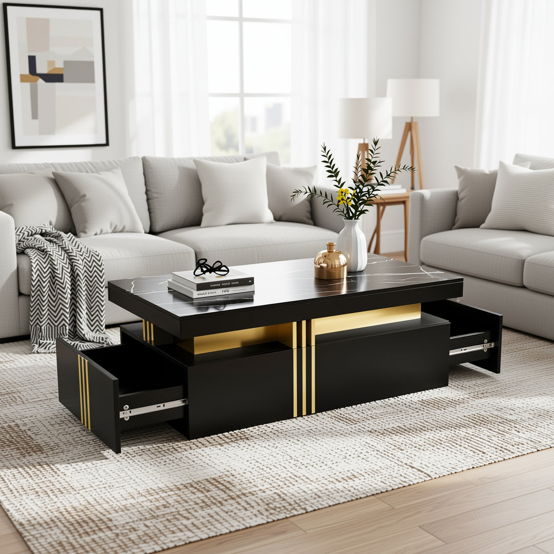 Modern black coffee table with marble-pattern top golden accents LEDGER