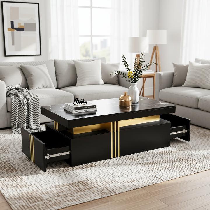 Modern black coffee table with marble-pattern top golden accents LEDGER