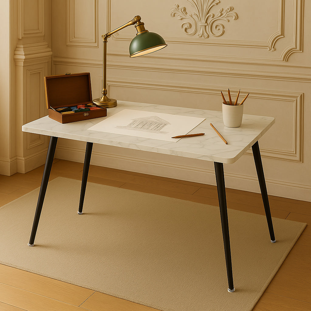 Scandinavian style rectangular white marble effect dining table 120x70cm WHALEN WHITE MARBLE TABLE 120 KD