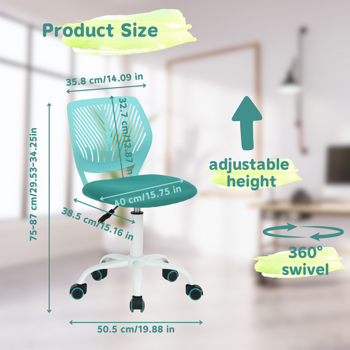 Desk Chair Adjustable Swivel Office Chair Fabric Seat Ergonomic Task Chair without Armrest CARNATION TURQUOISE
