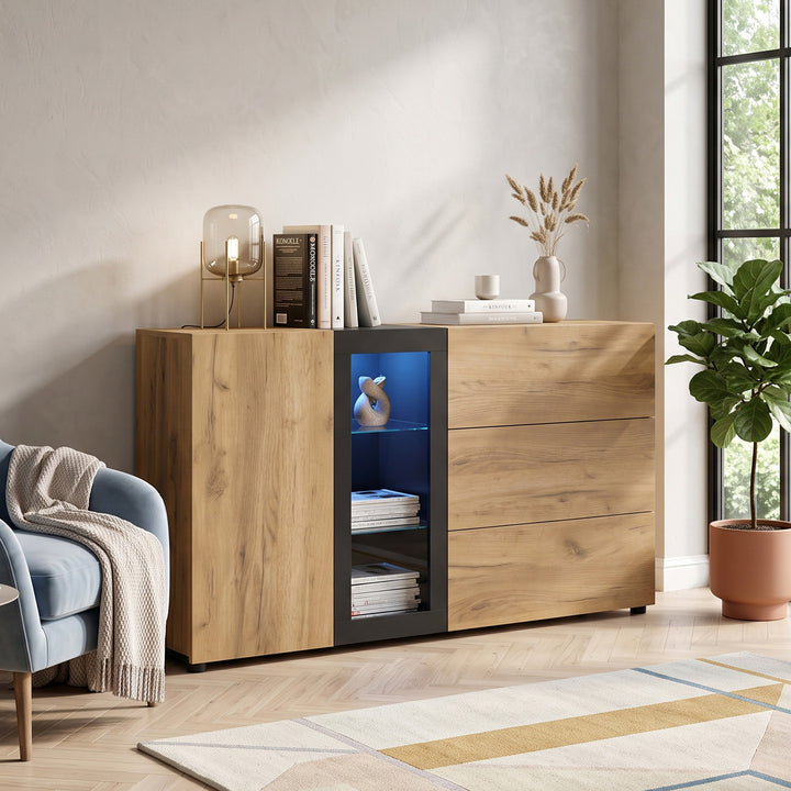 Wooden and Black Sideboard Cabinet with 3 Drawers, Glass Shelves and LED Lights 140 cm TRISHELF